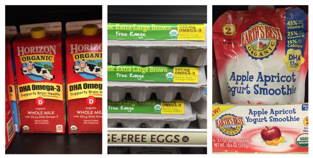 Milk, eggs, and baby food labels with DHA supplement