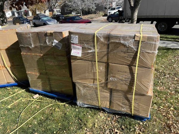Pallets of the Fathercraft Bag on Paul's front lawn