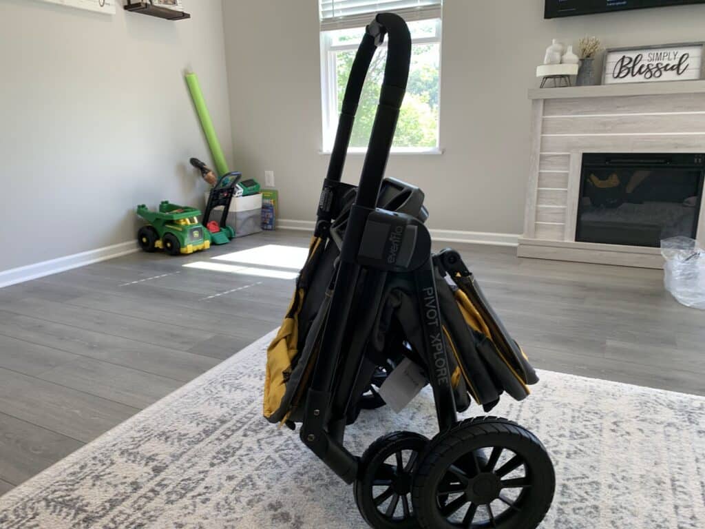An Evenflo Pivot Xplore folded up