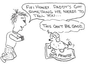 A cartoon drawing of guy explaining to his dog that big changes are coming