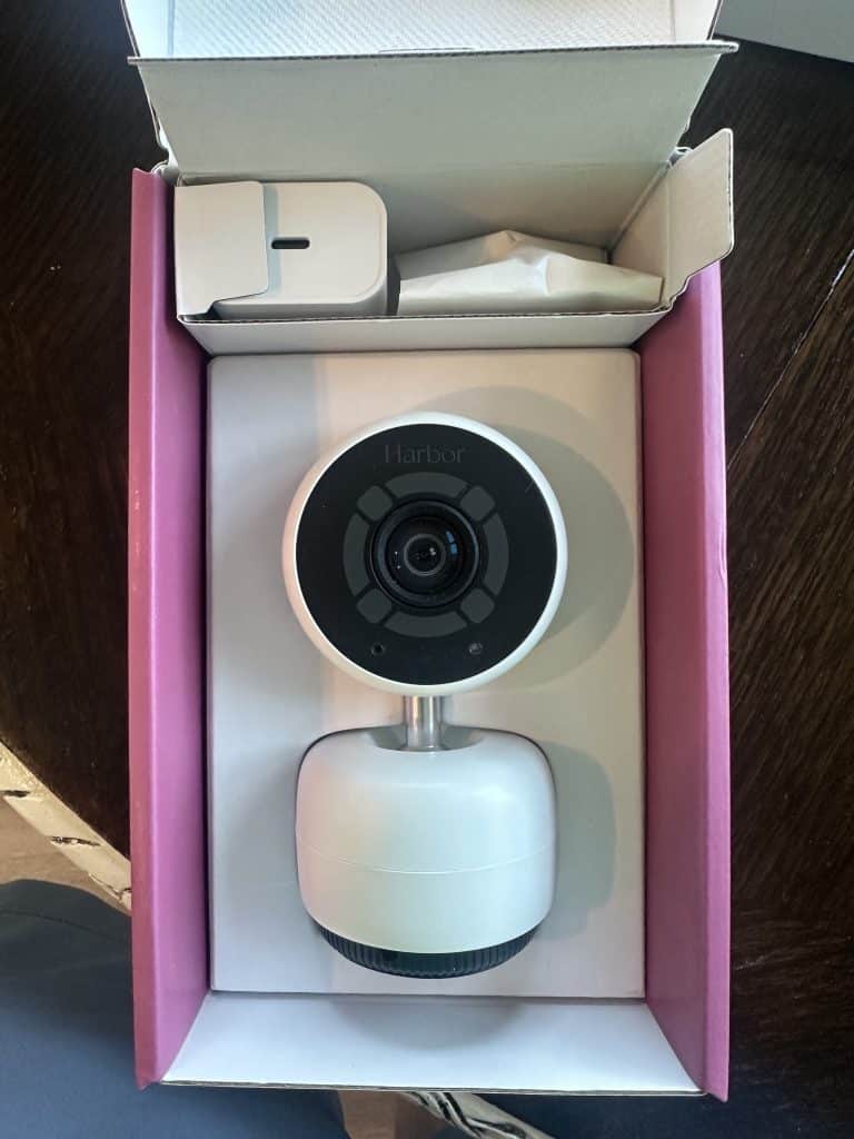 close up image of the Harbor camera in its box