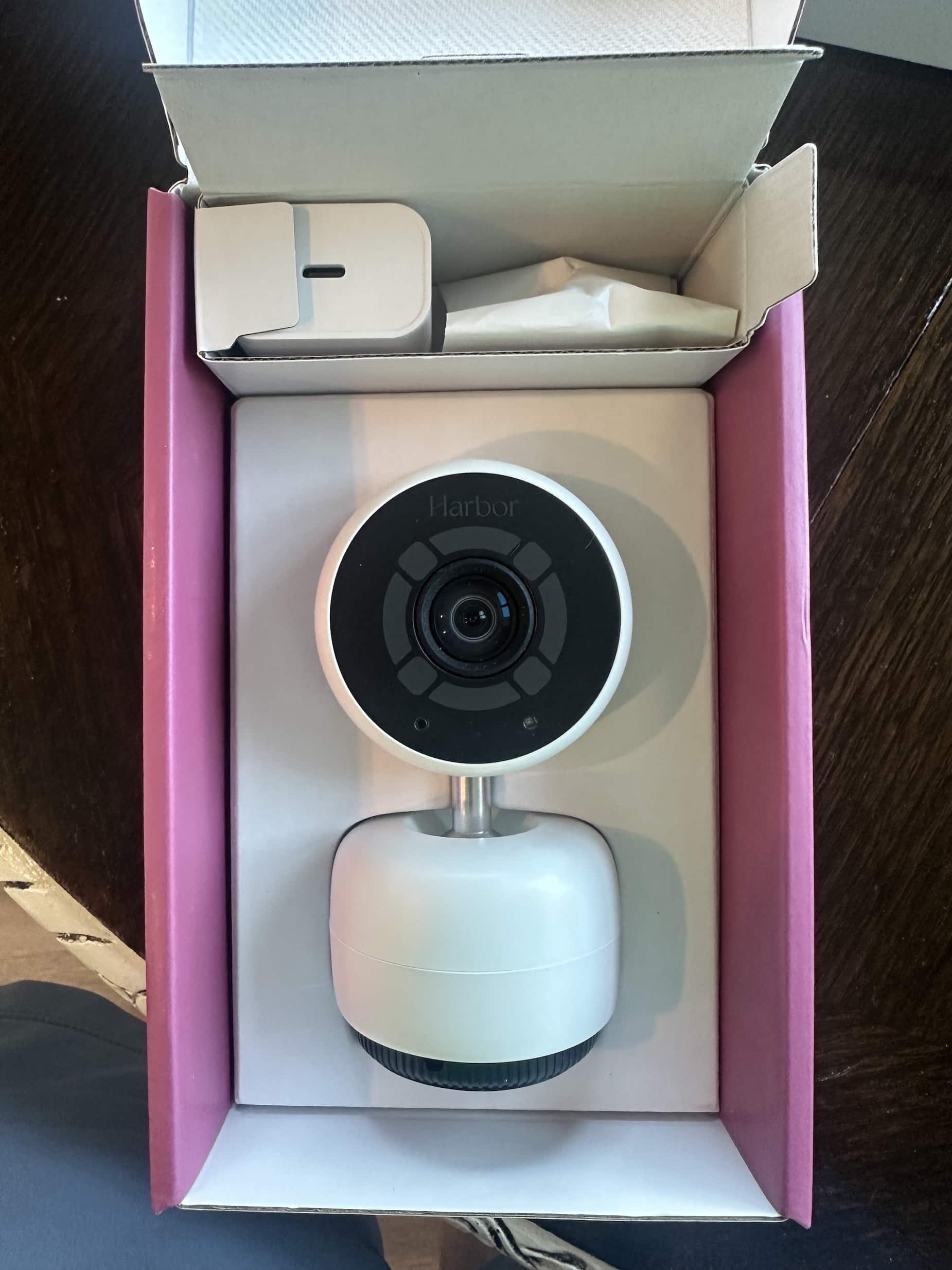 close up image of the Harbor camera in its box