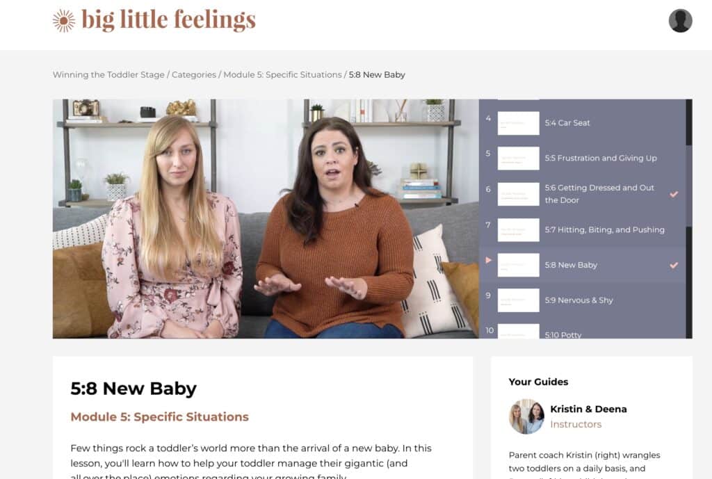 A screenshot of a Big Little Feelings course video in progress, showing Deena and Kristing sitting next to each other on a couch, speaking to the camera