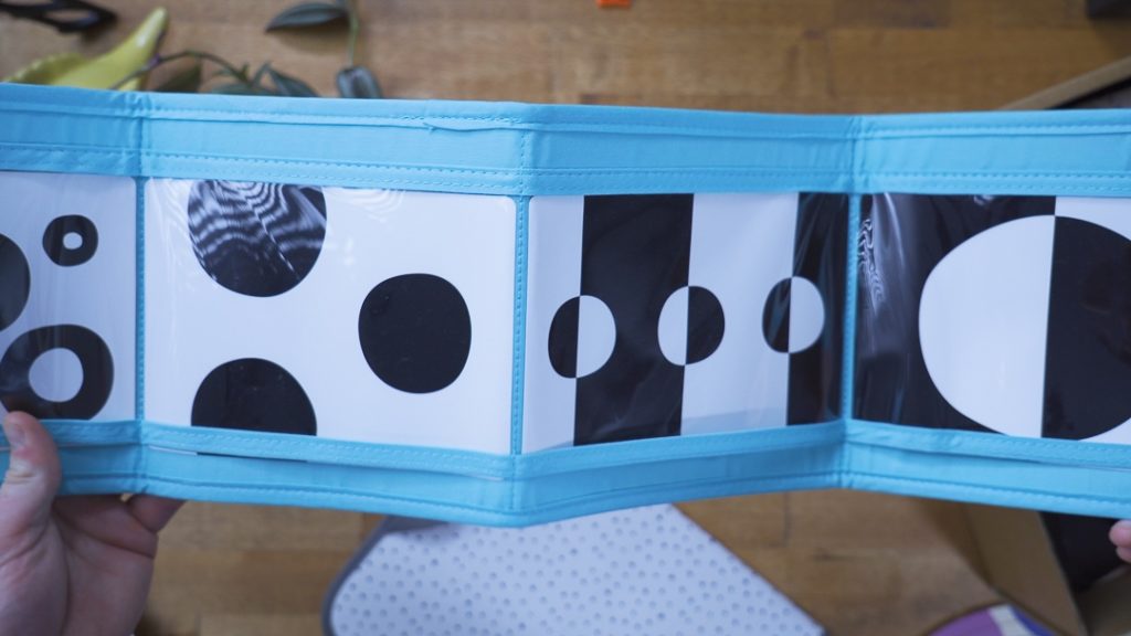 An up-close look at black and white Lovevery cards in the infant box