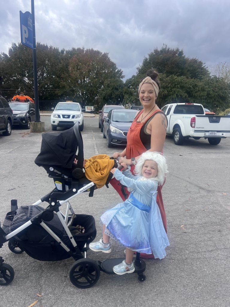 Me with the mockingbird. My baby rides in the infant seat and my preschooler rides the riding board