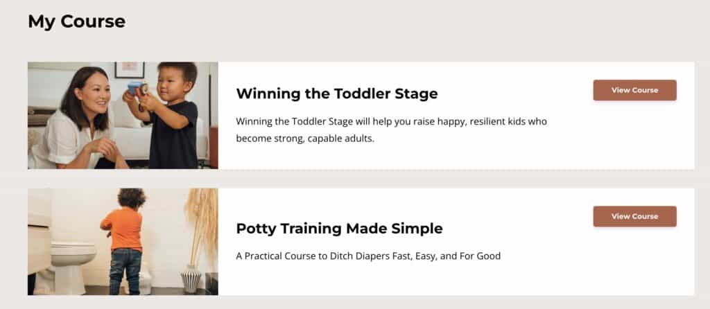 our Big Little Feelings course library, showing "Winning the Toddler Stage" and "Potty Training Made Simple"