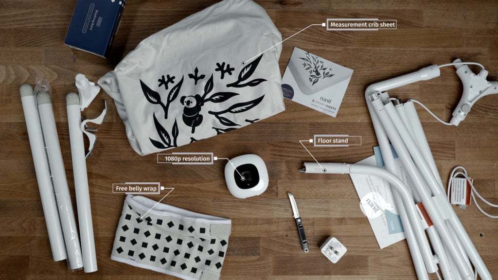 What's in the Nanit Pro box, laid out on a table.