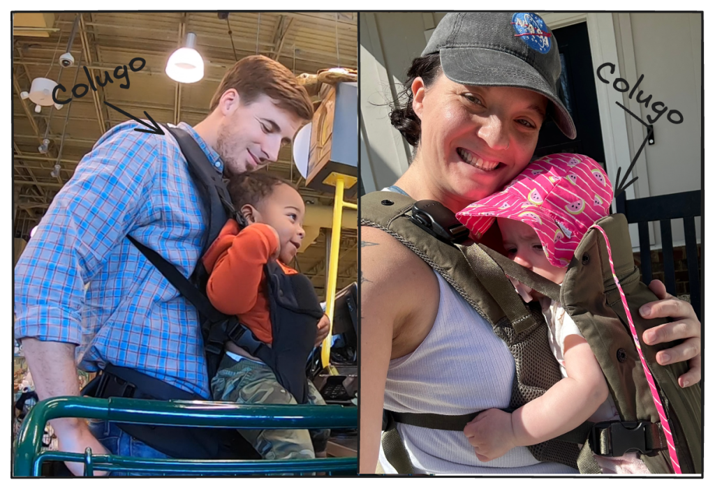A side-by-side picture of John and Kristan (authors) wearing the Colugo baby carrier. John carries a baby who is outward facing, and Kristan carries a baby who is facing inward.
