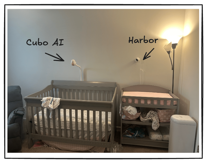 A picture of a nursery, with the CuboAI mounted on a floor stand above the crib, and the Harbor mounted off to the side with a wall mount