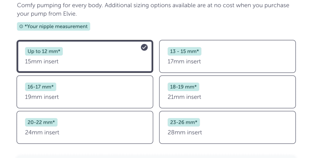 A screenshot from Elvie's website that shows sizing options: 15mm, 17mm, 19mm, 21mm, 24mm, and 28mm inserts