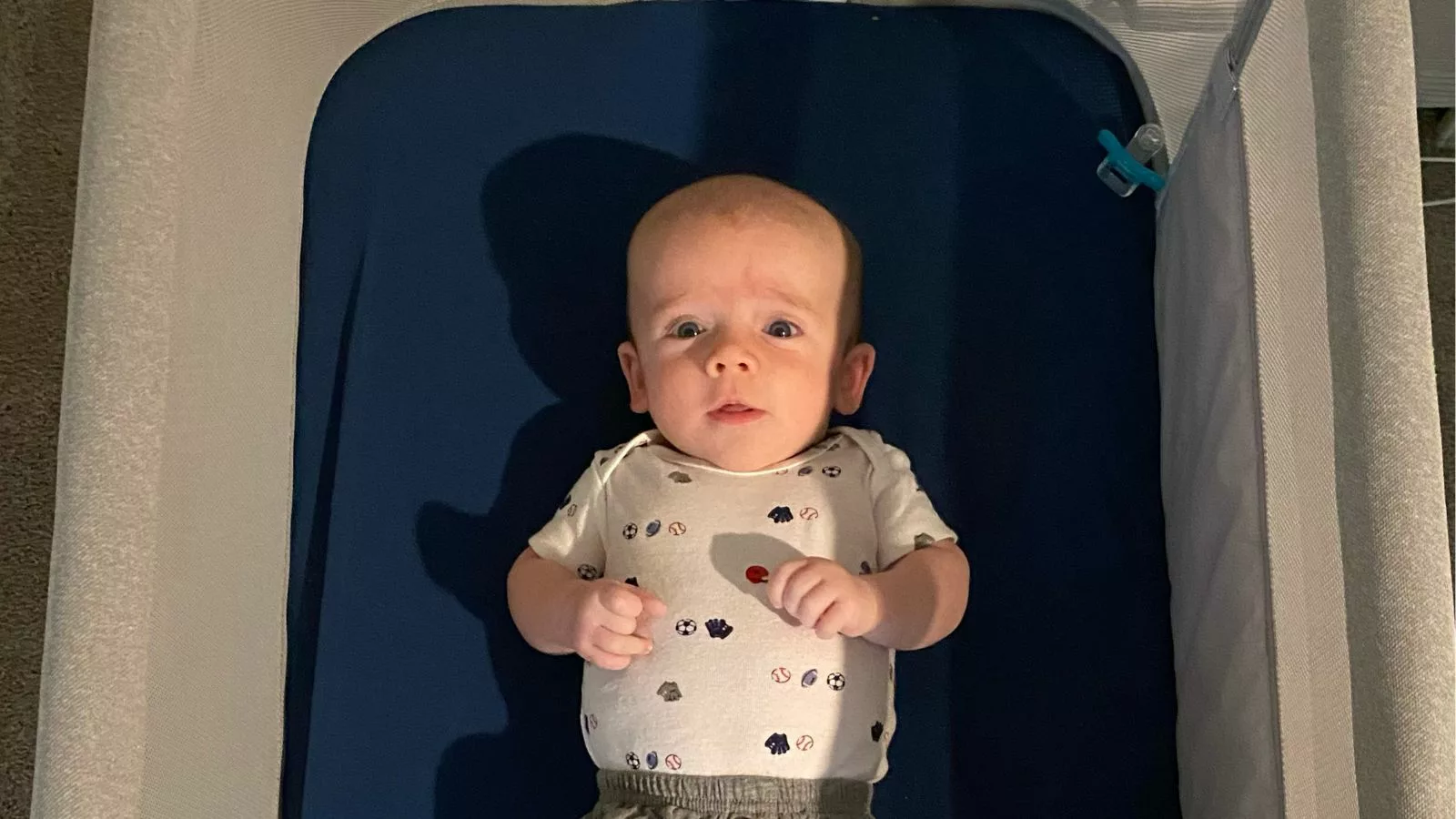 Newborn baby lies awake on his back in a Newton Bassinet with blue sheets